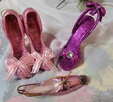 THREE Retro style Shoe High Heel Ornaments Bling Glitter Christmas Ornaments picture