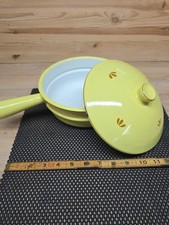 Vintage DRU Holland Yellow Tulip Enamel Cast Iron Skillet Pan w Lid MCM Dutch 8