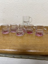 Mini Beer Mug 1 oz Shot Glasses Pink Cranberry Clear VTG Federal Glass Set of 7 picture