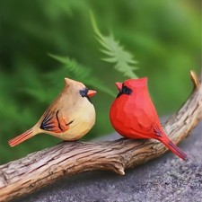 Hand-Carved Wooden Northern Cardinal Figurines, 3.7