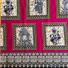 Cambodian Apsara Bayon Face Batik Style Cotton Sarong Fabric Red Pink 2 Yd x 41