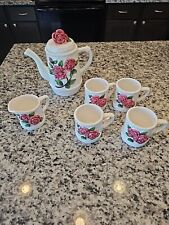Vintage Pink Rose 7 Piece Ceramic Coffee Set Roses Pot, 4 Mugs, Creamer  picture