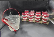 VTG Hazel Atlas MCM Set Of 8 Red White Striped Tumblers W/ Carrier & Ice Bucket picture