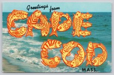 Greetings from Cape Cod Mass. Fish Lettering Linen Postcard 1963 Tichnor picture