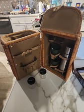 Picnic Time Wicker Picnic Basket Carrying Case W/ Cups, Thermous, Spoons, Jars picture