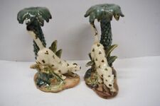 Vintage Leopard Palm Tree Majolica 10 1/4” Candle Holder  Sticks Pair picture