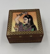 Handcrafted Wooden Jewelry Box Indian Gem Stone Painting Brass Inlay 3.25x3.25” picture