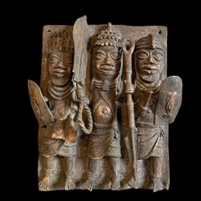Antique Benin Bronze Plaque 1970s Royal Oba Court Warriors Lost Wax African Art picture