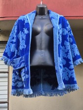 Vintage 70s Blue Royal Textured Floral Fringe Pocket Retro Beach Cover Up picture