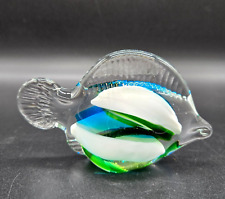 Art Glass Tropical Fish Paperweight Figurine Green White Blue picture