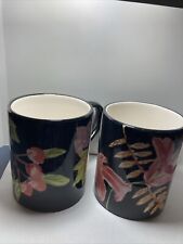Totally Today Set Of 2 Black Coffee Mugs Fruit And Flowers Designs Hand Painted picture