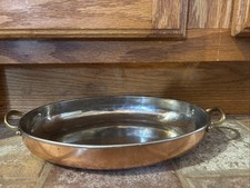 VTG Oval Copper  Pan Brass Handles Oblong Display Au Gratin Fish Baker 12” Ben M picture