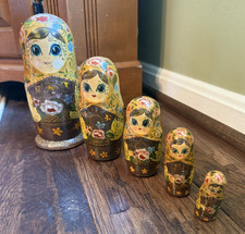 Vintage 5pc Hand Painted Russian Matryoshka Nesting Doll Set Fall Crane Bird 90s picture