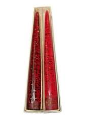 Vintage Pair Red Lucite Taper No Burn Candles Gold Flakes 11.5