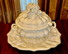 Vintage 1963 White Glazed Ceramic Grapes Soup Tureen w/ Lid, Spoon & Platter picture