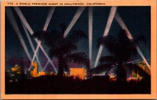 Vintage 1930s Linen Postcard World Premiere Night Hollywood California Lights picture