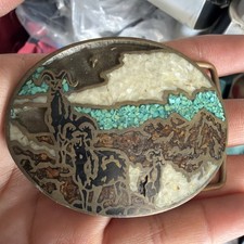 1981 Western Belt Buckle Inlaid Stone Turquoise Mountain Scene As Is picture