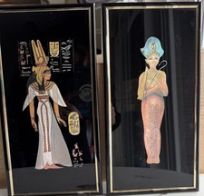 Vintage Pair Egyptian Papyrus Paintings King Tut Queen Nefertari Black Framed picture