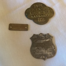 3 Rare Brass Badges: National Motor Car, 1921 Auto license, dog tag,  picture