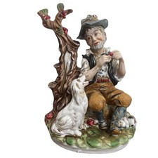 Large Capodimonte Figurine Man on a Bench With Dog And Wine Signed & Tagged Mark picture