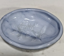 Vintage Avon Blue Slag Milk GLass Oval Soap Tinket Dish  Embossed Roses 1978 picture