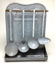 Vintage Gray Enamelware Graniteware Utensil Rack Holder with 4 Gray Utensils picture