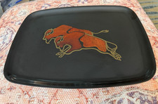Couroc of Monterey CA. Running Buffalo Tray Inlaid Wood Brass MCM Black Rare VTG picture