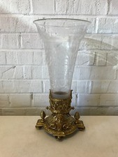 Antique Victorian Aesthetic Gilt Bronze Trumpet Vase Centerpiece Etched Glass picture