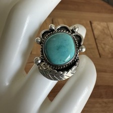 VTG Navajo Artisan Ring Size 5.25 Turquoise Leaf Flower Raindrops Sterling 7.5g picture
