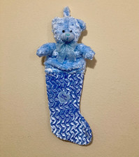 Vintage Teddy Bear Christmas Stocking Plush 3D Blue Baby Christmas Velveteen picture