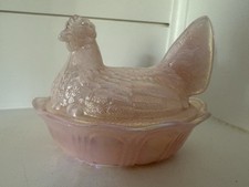 Fenton Hen On Nest 5 Inch Pink Pearl Carnival Glass Covered Dish Vintage picture