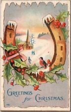 Vintage CHRISTMAS Postcard Gold Horseshoe / Winter Church Scene - 1910 Cancel picture