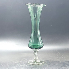 Vintage Emerald Green Glass Bud Vase Clear Stem Ruffled Rim Preowned picture