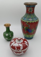 Vintage Group of Enamel  Cloisonne Brass Vases and Bowl picture