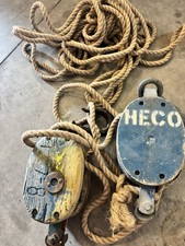 Vintage HECO Double Sheave Snatch Block Pulley w/ Hook + Rope Lot Logging Decor picture