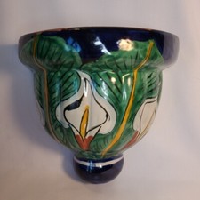 Vintage Mexican Pottery Handpainted Calla Lilly Wall Pocket Planter picture
