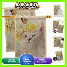 Angeleno Heritage Garden Kitty Burlap House Flag 2 Pcs Pack Cat Kitten Meow picture