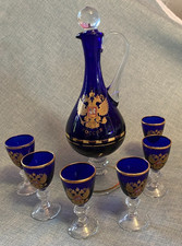 6 Vintage Russian Gus-Khrustalny Style Cobalt Blue Cordial Glasses & Pitcher Set picture