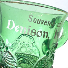 DENISON IA IOWA IA Antique GREEN Depression Glass Souvenir TRINKET CUP MUG picture
