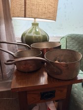 3 Antique Copper Saucepans Lot À La Ménagère Paris + 2 Unmarked French Pans 465L picture