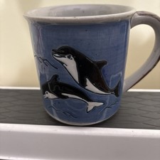 Otagiri Dolphins Coffee Mug Sea Ocean Nautical Hand Painted Art Speckled 12 OZ  picture