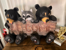 Wooden Welcome Black Bear Cub & Raccoon Painted Resin Figurine Statue Decor picture