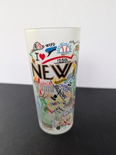 Catstudio New York Frosted Drinking Glass 2004 State Map Landmarks 14oz Cup VGC picture