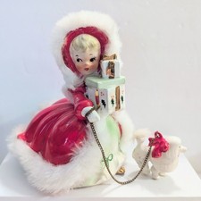 Vintage Napco Christmas Shopper Girl Figurine With Poodle Original Chain Leash. picture