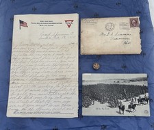 WWI letter “The war is over” + Bronze Victory Pin + Postcard “off for the Front