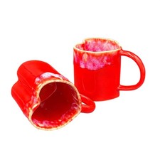 Vagos Red Pottery Ceramic Glazed Heart-Shaped Mugs Set Of 2 Valentine Love Gift picture