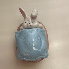 Vintage Enesco Bunny In Bed Trinket Box with Lid Rabbit Figurine Tiny Egg 3.5”. picture