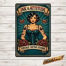 Tattooed Pinup Girl Vintage Metal Sign Retro Beauty Salon Wall Decor picture