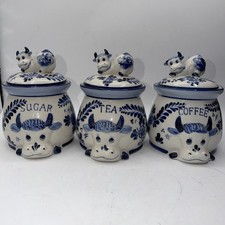 3pcs Set Delft Blue White Kitchen Canister Set Coffee Sugar Tea READ picture