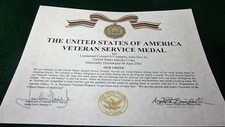 THE VETERAN SERVICE MEDAL CERTIFICATE Army Navy Air Force Marines Coast Guard  picture